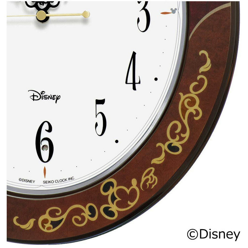 [SEIKO EMBLEM] セイコーエンブレム 掛時計 大人 ディズニー Mickey＆Minnie FS510B ＜ ブラウン 唐草柄 ミッキーマウス ミニーマウス 光沢 ホワイト 茶 電波時計 アナログ ＞