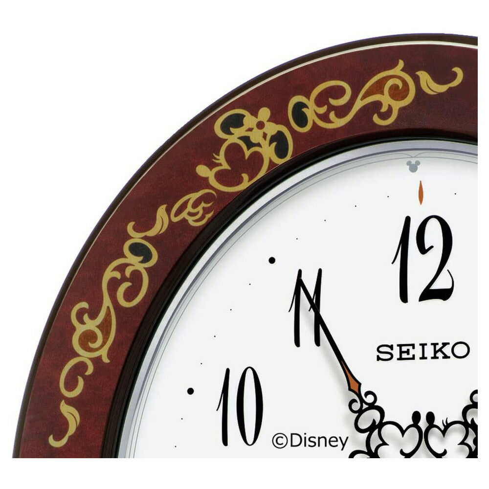 [SEIKO EMBLEM] セイコーエンブレム 掛時計 大人 ディズニー Mickey＆Minnie FS510B ＜ ブラウン 唐草柄 ミッキーマウス ミニーマウス 光沢 ホワイト 茶 電波時計 アナログ ＞
