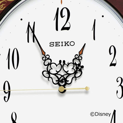 [SEIKO EMBLEM] セイコーエンブレム 掛時計 大人 ディズニー Mickey＆Minnie FS510B ＜ ブラウン 唐草柄 ミッキーマウス ミニーマウス 光沢 ホワイト 茶 電波時計 アナログ ＞