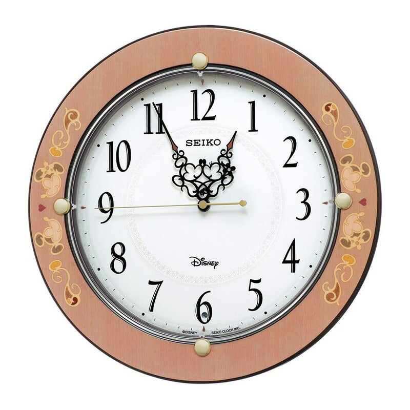 [SEIKO EMBLEM] セイコーエンブレム 掛時計 大人 ディズニー Mickey＆Minnie FS511P ＜ ピンク 唐草柄 ミッキーマウス ミニーマウス 光沢 電波時計 アナログ ＞